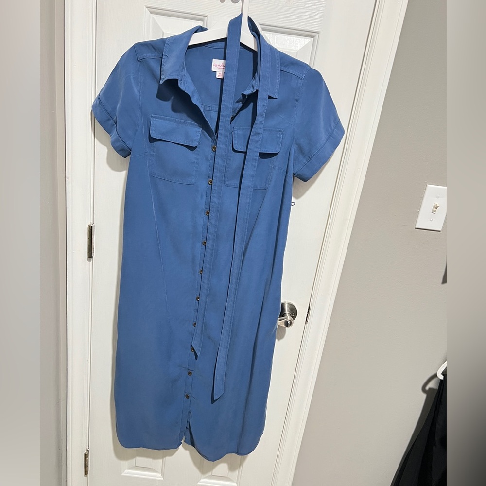 Blue Button-Front Shirt Dress with belt Tie